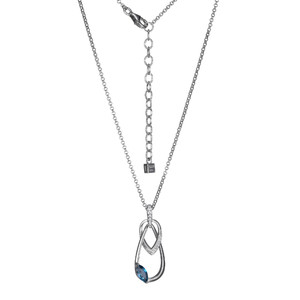 Sterling Silver  Elle "Swing" Rhodium Plated Interlocking Necklace With Genuine Blondon Blue Topaz 8X4Mm & Pave Cz 18"+ 2" Extension