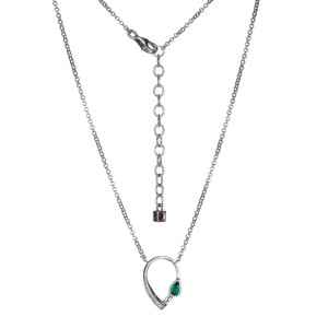 Sterling Silver  Elle "Swing" Rhodium Plated Pear Shape Necklace With Created Emerald 5X3Mm & Pave Cz 16"+ 2" Extension