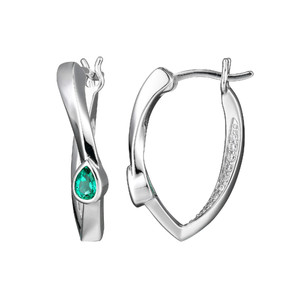 Sterling Silver  Elle "Swing" Rhodium Plated Created Emerald 4X3Mm &Pave Cz Twisted Pear Shape 22X14Mm Hoop