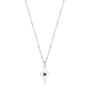 Sterling Silver  Elle "Stellar" Rhodium Plated Diamond Shape With 3.5Mm Round Created Sapphire Necklace 17"+ 3" Extension
