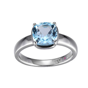 Sterling Silver  Elle "Marble" Rhodium Plated 8Mm Genuine Blue Topaz Cushion Cut Solitaire Ring Size 6