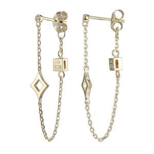 Sterling Silver Rhombus (9X6.5Mm), 1.5Mm Cz Stud And Chain Earring, 18K Yellow Gold Plated