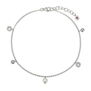 Sterling Silver Genuine White Freshwater Pearl (5Mm), Round Cz (4Mm) And Silver Bead Charm Anklet, Measures 9" Long, Plus 1" Extender For Adjustable Length, Rhodium Plated