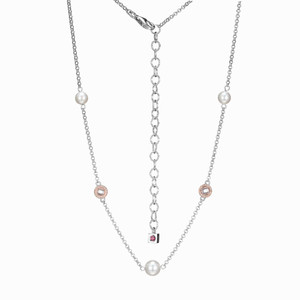 Sterling Silver Genuine White Freshwater Pearl (6 & 5Mm) And Round Cz (4Mm) Station Necklace, Measures 15" Long, Plus 3" Extender For Adjustable Length, 2 Tone, Rhodium And 18K Yellow Gold Plated