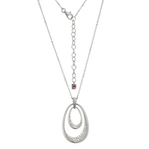 Sterling Silver Double Oviform (36X20Mm) Pave Cz Necklace, Measures 24" Long, Plus 2" Extender For Adjustable Length, Rhodium Plated