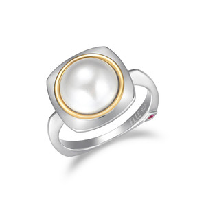 Sterling Silver Ring Made Of Square Bezel With White Shell Pear (10Mm), Size 6, 2 Tone, Rhodium And 18K Yellow Gold Plated