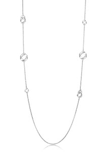 Sterling Silver Long Necklace With Hexagon And Pave Cz Stations, 36" Long, Rhodium Plated