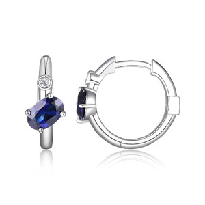 Sterling Silver 15Mm Hoop Earrings With Lab Created Sapphire (Oval Shape 6X4Mm) And Lab Grown Diamond (Total Weight 2Pt, F/C, H-I/I1), Rhodium Plated
