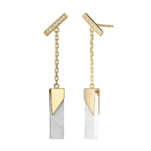 Sterling Silver Bar Drop Earrings With Genuine Howlite (16X5X2Mm), Post Back, 18K Yellow Gold Plated