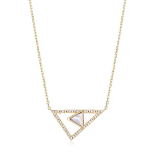 Sterling Silver Necklace With Genuine Howlite  (6X3Mm) And Pave Cz Triangle, Measures 17" Long, Plus 3" Extender For Adjustable Length, 18K Yellow Gold Plated