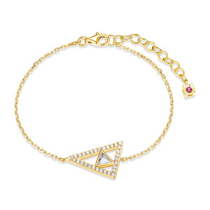 Sterling Silver Bracelet With Genuine Howlite (4X2Mm) And Pave Cz Triangle, Measures 6.5" Long, Plus 1.5" Extender For Adjustable Length, 2 Tone, Rhodium And 18K Yellow Gold Plated