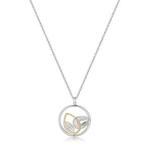 Sterling Silver Necklace With Circle And Pave Cz, Measures 20" Long, Plus 2" Extender For Adjustable Length, 2 Tone, Rhodium And 18K Yellow Gold Plated