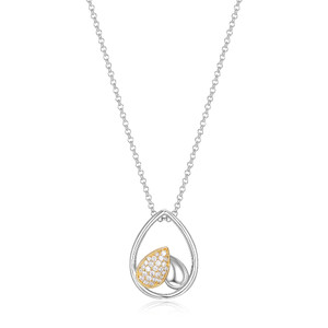 Sterling Silver Necklace With Pear Shape (21X16Mm) And Pave Cz, Measures 18" Long, Plus 2" Extender For Adjustable Length, 2 Tone, Rhodium And 18K Yellow Gold Plated