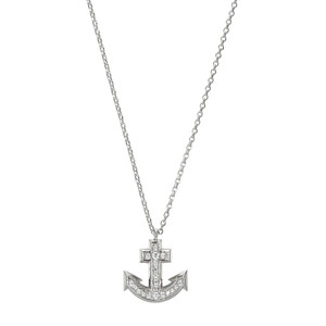 Sterling Silver Necklace With Cz Anchor (14X14Mm), Measures 18" Long, Plus 2" Extender For Adjustable Length, Rhodium Plated