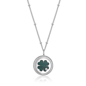 Sterling Silver Necklace Made Of Malachite (Round 16Mm) And Cz, Measures 17" Long, Plus 3" Extender For Adjustable Length, Rhodium Plated