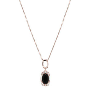 Sterling Silver Necklace With Oval Shape Genuine Black Agate (11X7X3.5Mm) And Cz, Measures 17" Long, Plus 3" Extender For Adjustable Length, Rose Gold Plated
