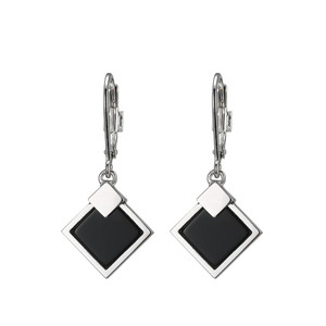 Sterling Silver Lock Earrings With Genuine Black Agate Square (8X1.25Mm), Lever Back, Rhodium Plated