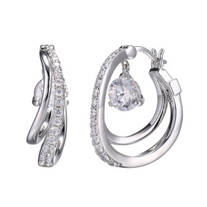 Sterling Silver Earrings, Double Hoop 22.5Mm, Drop Cz Round 6.5Mm, Snap Bar, Rhodium Plated