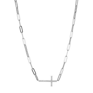 Sterling Silver Necklace Made Of Paperclip Chain (3Mm) And Cz Crosterling Silver  In Center, Measures 17" Long, Plus 2" Extender For Adjustable Length, Rhodium Plated