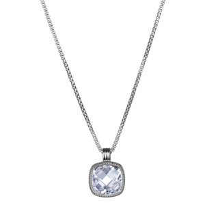 (Xwwelle)Sterling Silver  Rhod Pltd Neck 3A Cz (F-C)Cushion 9.5Mm 1.18Mm Round Box Chain 17" Ext 2"