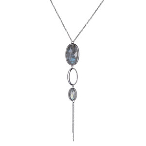 (Xwwelle)Sterling Silver  Rhod Pltd Neck G Labradorite(With Color)(2A) (F-C)Ov 23X14X6Mm & (F-C)Ov 13X8X4Mm 1.55Mm Faceted Rolo Chain 28" Ext 2"