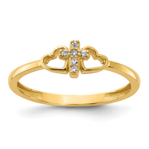 14KT Polished Cubic Zirconia Cross and Hearts Ring