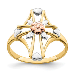 14KT Two-tone withWhite Rhodium Polished Cross withFlower Ring