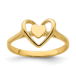 14KT Gold Polished Textured Heart with Heart Frame Ring