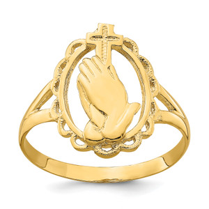 14KT Polished Praying Hands and Cross Ring