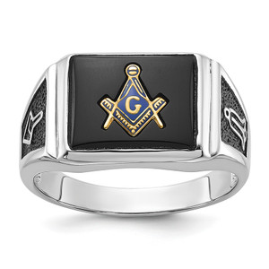 10KT White Gold Men's Polished and Textured with Black Enamel and Onyx Masonic Ring