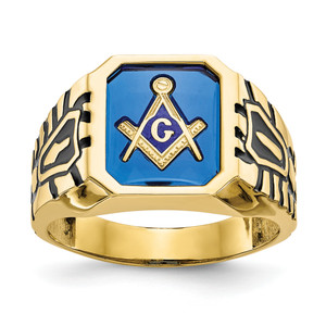 10KT Men's Polished, Antiqued and Grooved with Imitation Blue Spinel Masonic Ring