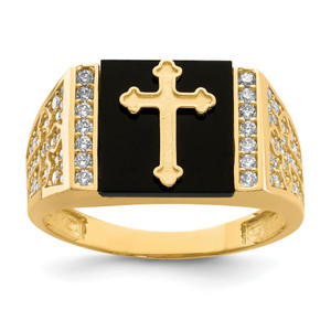 10KT Cubic Zirconia and Onyx Cross Men'S Ring