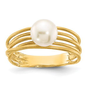 14KT 7-8mm Round White Freshwater Cultured Pearl Brushed Ring