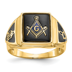 14KT Men's Polished, Antiqued & Textured Onyx Masonic Ring