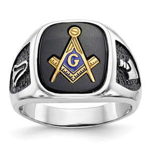 10KT White Gold and Gold-plated Polished and Textured with Black Enamel and Onyx Masonic Ring