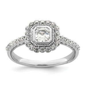 14KT White Gold Halo Plus (Holds 1/2 carat (5.2x3.7mm) Emerald-cut Center Bezel) 1/3 carat Diamond Semi-Mount Engagement Ring