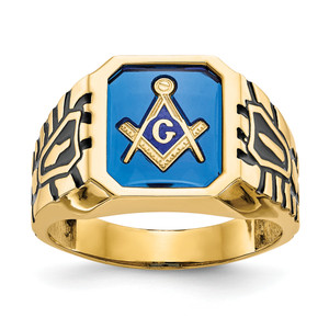 14KT Men's Polished, Antiqued and Grooved with Imitation Blue Spinel Masonic Ring