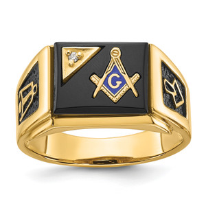 14KT Men's Polished and Textured with Black Enamel, Onyx and AA Quality Diamond Masonic Ring