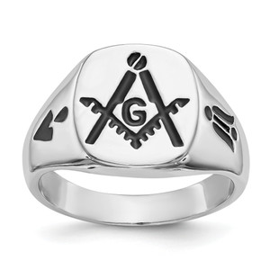 14KT White Gold Men's Polished and Grooved with Black Enamel Masonic Ring