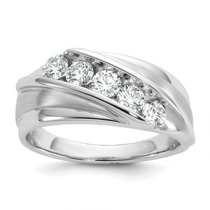 10KT White Gold Polished Satin and Grooved Lab Grown Diamond 5-Stone Men's Ring