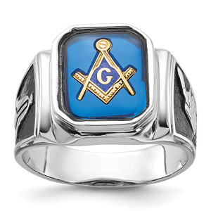 14KT White Gold Polished and Textured with Black Enamel and Imitation Blue Spinel Masonic Ring