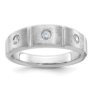 IBGoodman 14KT White Gold Men's Polished Satin and Grooved 3-Stone 1/5 Carat AA Quality Diamond Ring