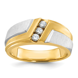 IBGoodman 14KT Two-tone Men's Polished Satin and Grooved 3-Stone 1/4 Carat AA Quality Diamond Ring