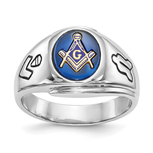 14KT White Gold Men's Polished, Antiqued and Grooved with Imitation Blue Spinel Masonic Ring