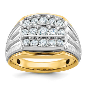 IBGoodman 14KT Two-tone Men's Polished Satin and Grooved 3-Row 1 Carat AA Quality Diamond Ring