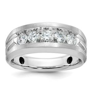 IBGoodman 14KT White Gold Men's Polished Satin and Grooved 5-Stone 1 Carat AA Quality Diamond Ring