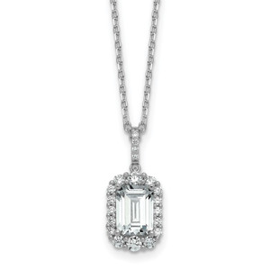Cheryl M Sterling Silver Rhodium-plated Polished Fancy Emerald-cut Cubic Zirconia Halo with 2 Inch Extension Necklace