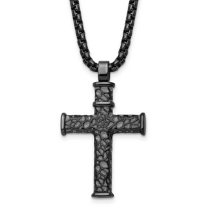 Chisel Stainless Steel Brushed Polished and Textured Gun Metal IP-plated Cross Pendant on a 24 inch Box Chain Necklace