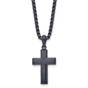 Chisel Stainless Steel Brushed and Polished Dark Grey IP-plated Cross Pendant on a 24 inch Box Chain Necklace