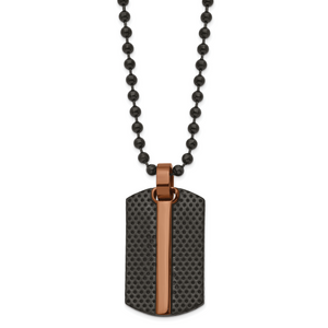 Chisel Stainless Steel Polished and Textured Black and Brown IP-plated Dog Tag on a 24 inch Ball Chain Necklace